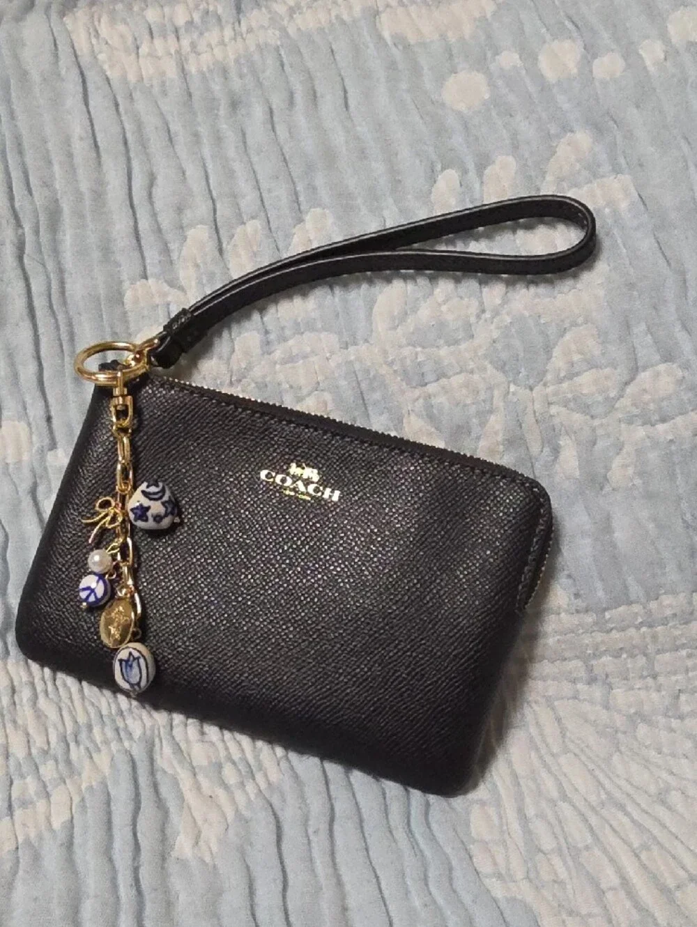 Coach Black Leather Zip Wristlet with Gold Logo
